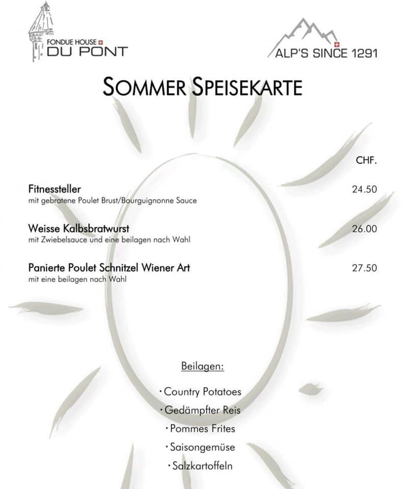 MENU à la Carte FONDUE HOUSE DU PONT